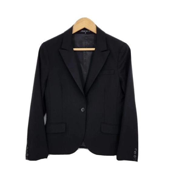 Theory Womens Blazer Jacket Wool Stretch Black One Button Size 10 6 - Picture 1 of 5